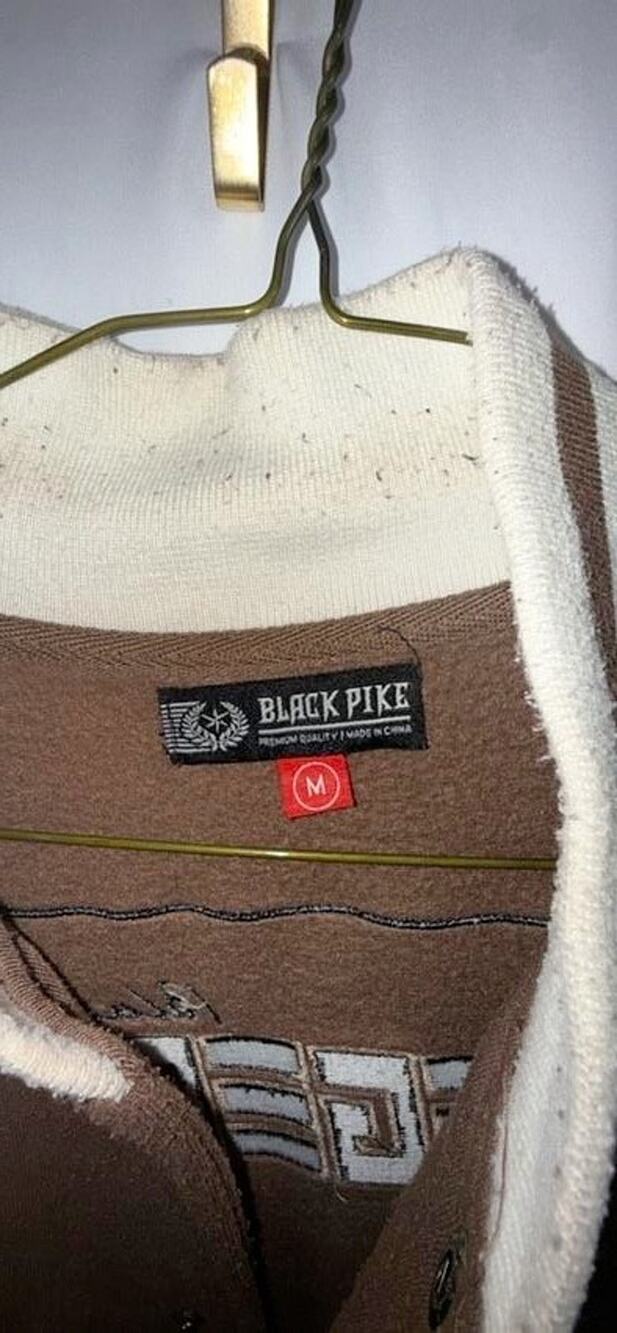 Black Pike Mens Jacket Medium M Brown Cream Sleeve Striped Spellout Letterman